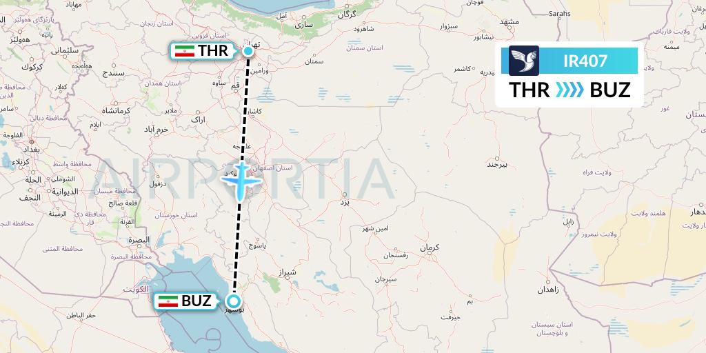IR407 Iran Air Flight Map: Tehran to Bushehr