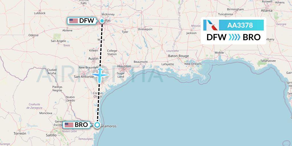 AA3378 American Airlines Flight Map: Dallas to Brownsville