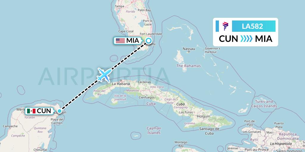 LA582 LAN Airlines Flight Map: Cancun to Miami