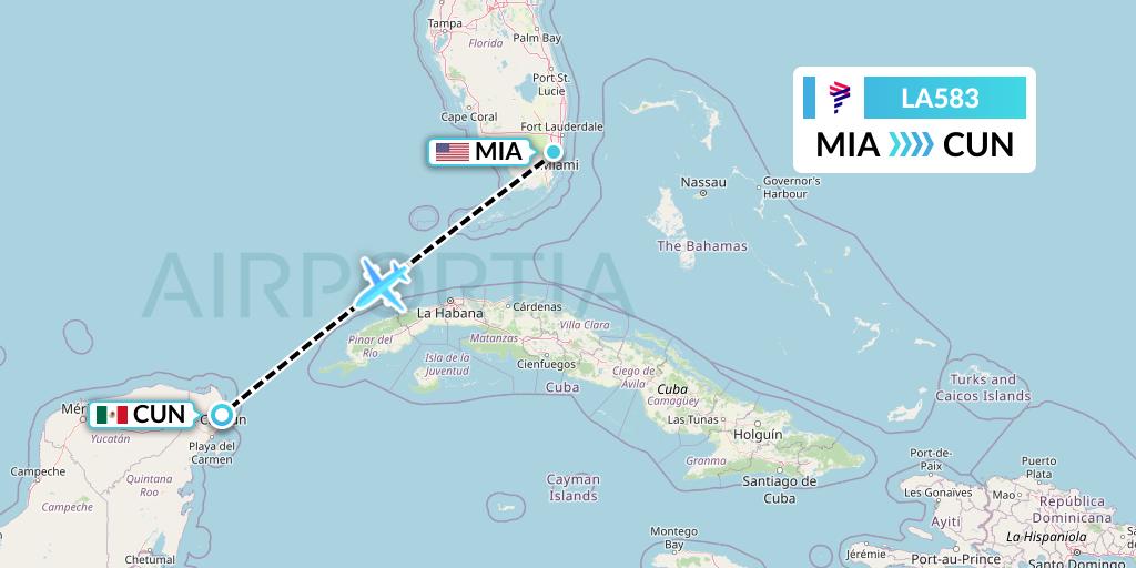 LA583 LAN Airlines Flight Map: Miami to Cancun
