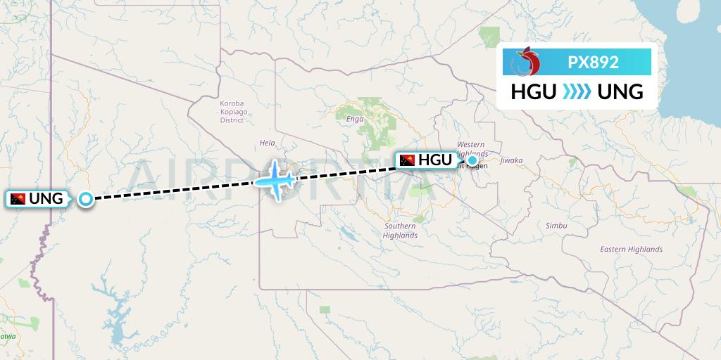 PX892 Air Niugini Flight Map: Mount Hagen to Kiunga