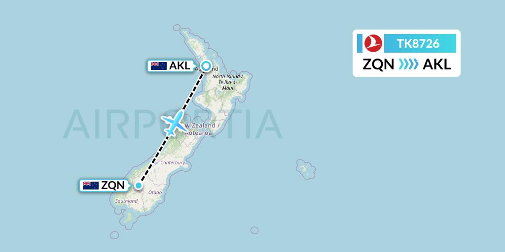 TK8726 Turkish Airlines Flight Map: Queenstown to Auckland