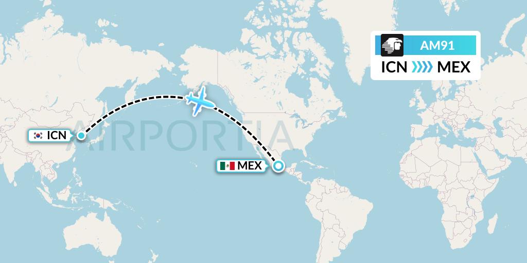 AM91 Aeromexico Flight Map: Seoul to Mexico City