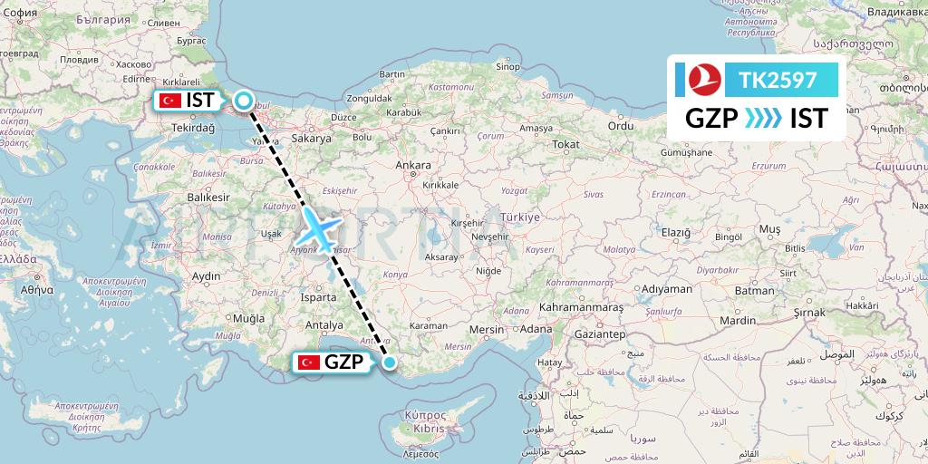 TK2597 Turkish Airlines Flight Map: Gazipasa to Istanbul