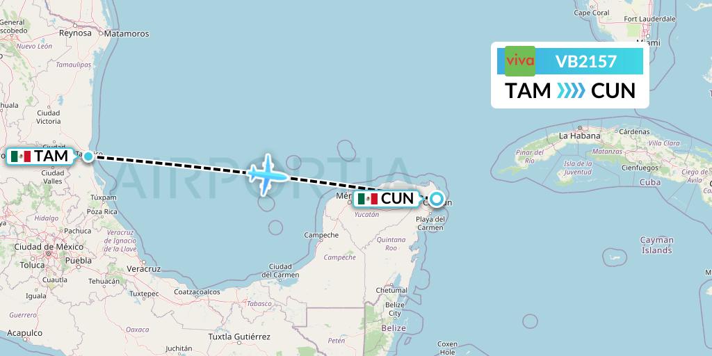 VB2157 VivaAerobus Flight Map: Tampico to Cancun