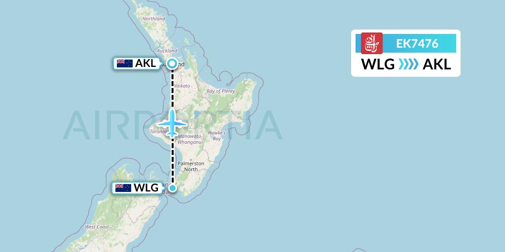 EK7476 Emirates Flight Map: Wellington to Auckland