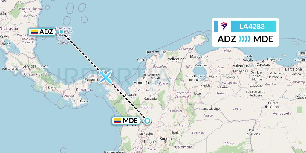 LA4283 LAN Airlines Flight Map: San Andres Island to Medellin