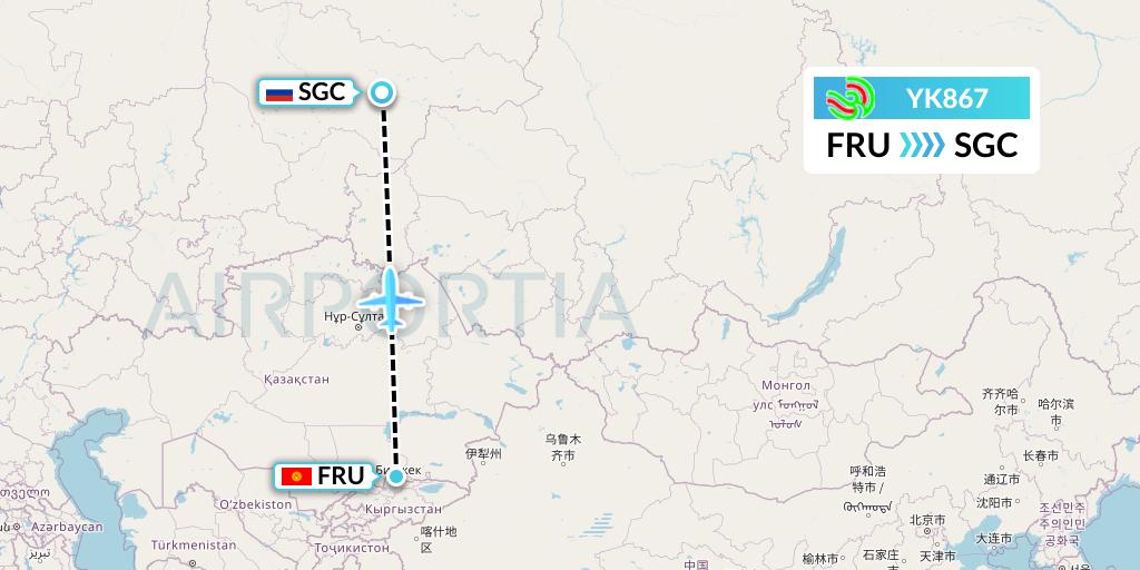 YK867 Avia Traffic Flight Map: Bishkek to Surgut