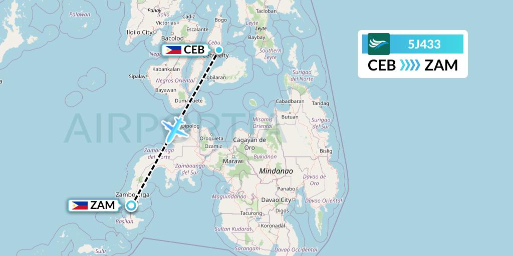5J433 CEBU Pacific Air Flight Map: Cebu to Zamboanga