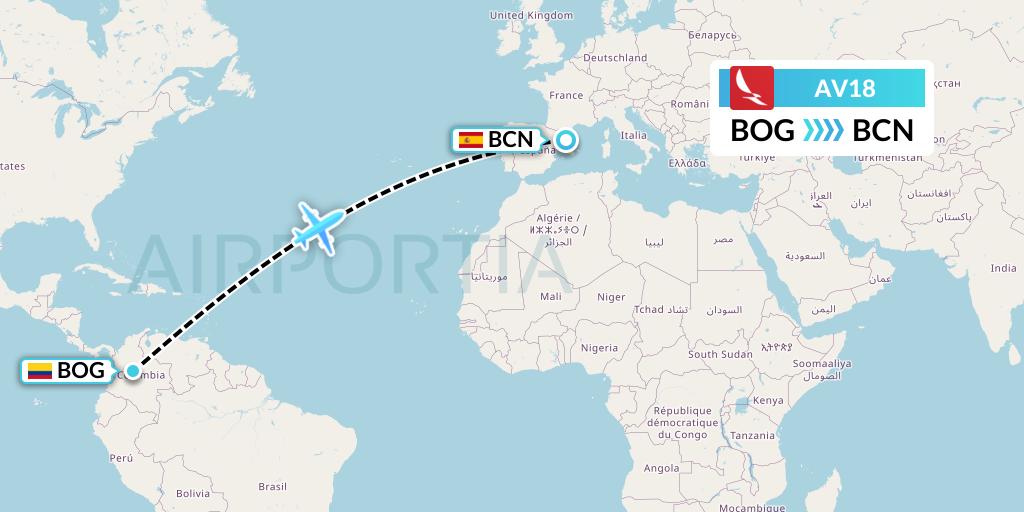 AV18 Avianca Flight Map: Bogota to Barcelona