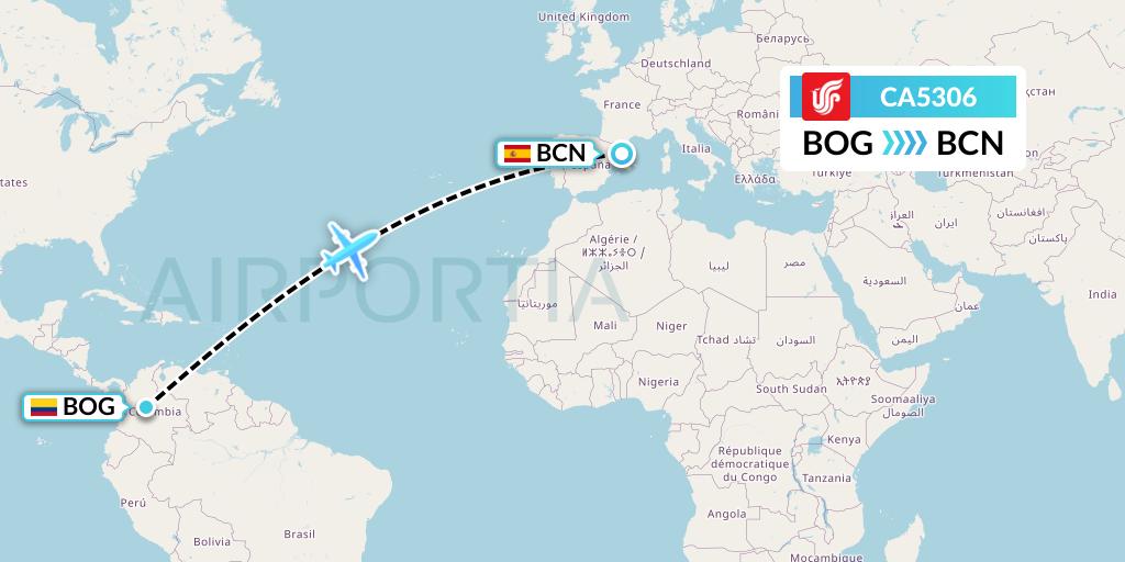 CA5306 Air China Flight Map: Bogota to Barcelona