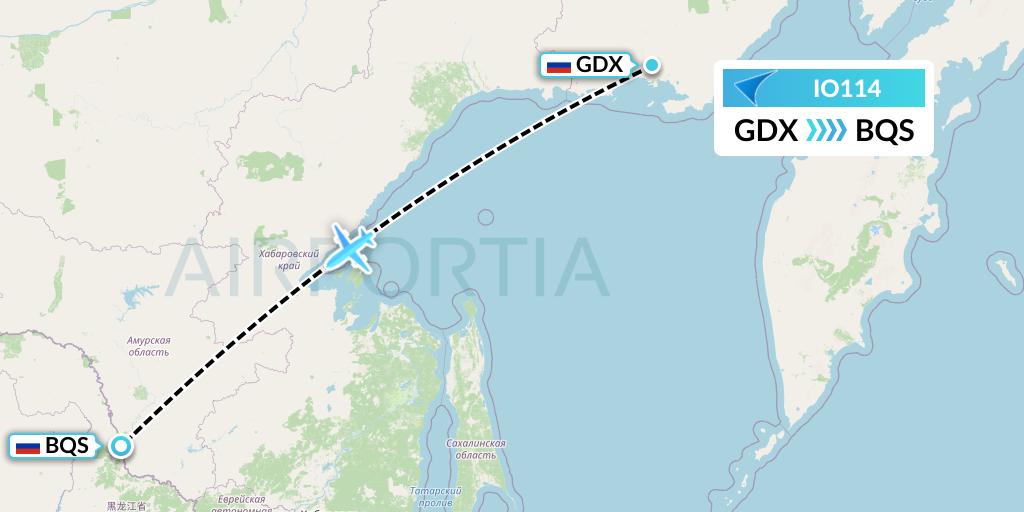 IO114 IrAero Flight Map: Magadan to Blagoveshchensk