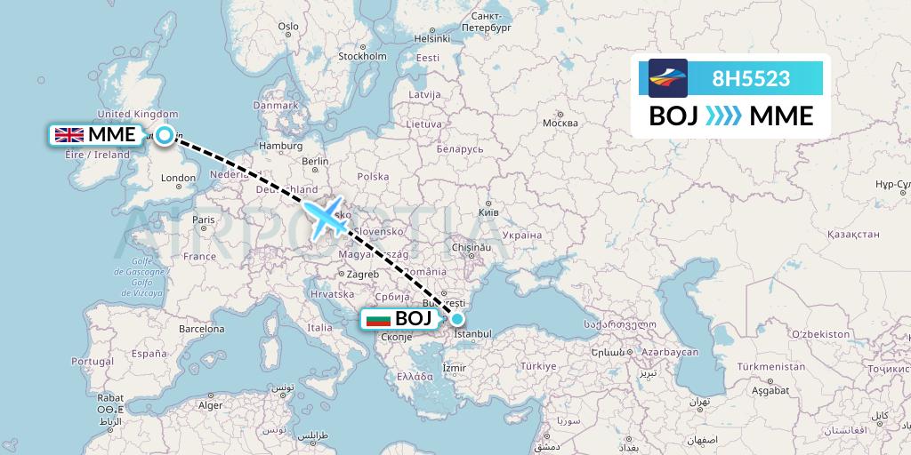 8H5523 BH Air Flight Map: Burgas to Darlington