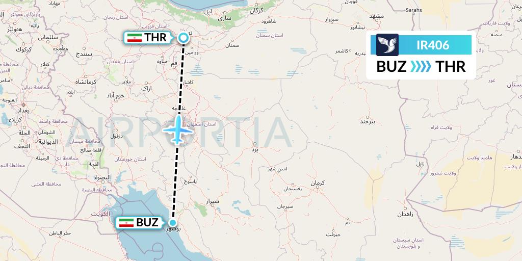 IR406 Iran Air Flight Map: Bushehr to Tehran
