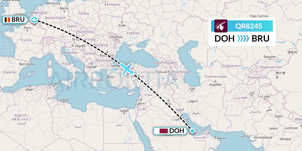QR8245 Qatar Airways Flight Map: Doha to Brussels