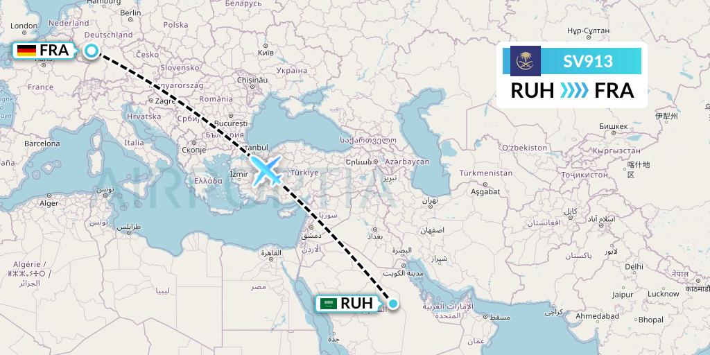 SV913 Saudi Arabian Airlines Flight Map: Riyadh to Frankfurt