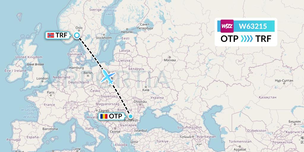 W63215 Wizz Air Flight Map: Bucharest to Oslo