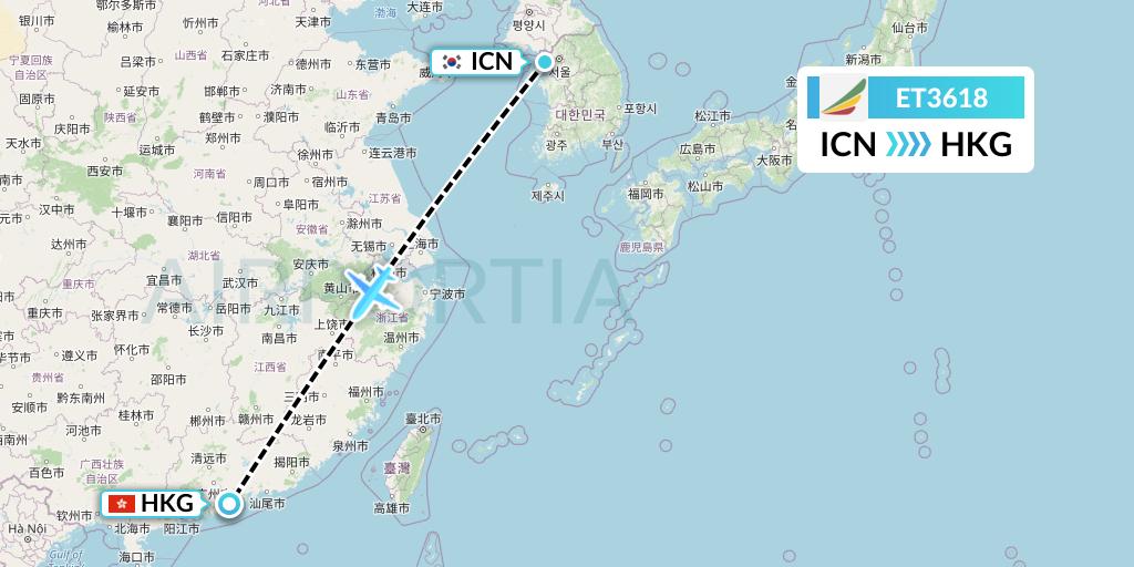 ET3618 Ethiopian Airlines Flight Map: Seoul to Hong Kong