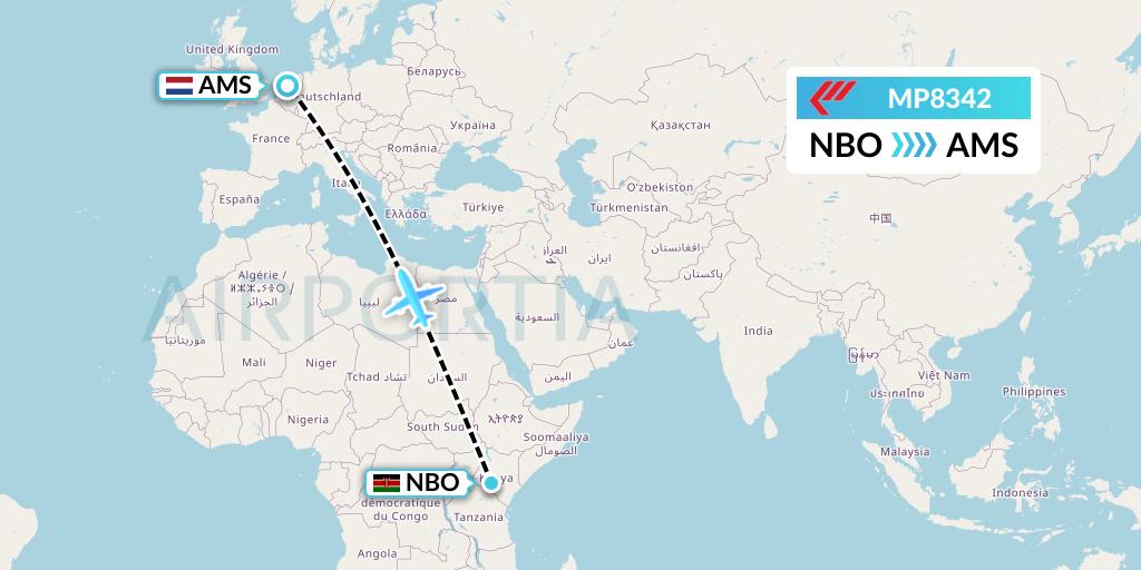 MP8342 Martinair Holland Flight Map: Nairobi to Amsterdam