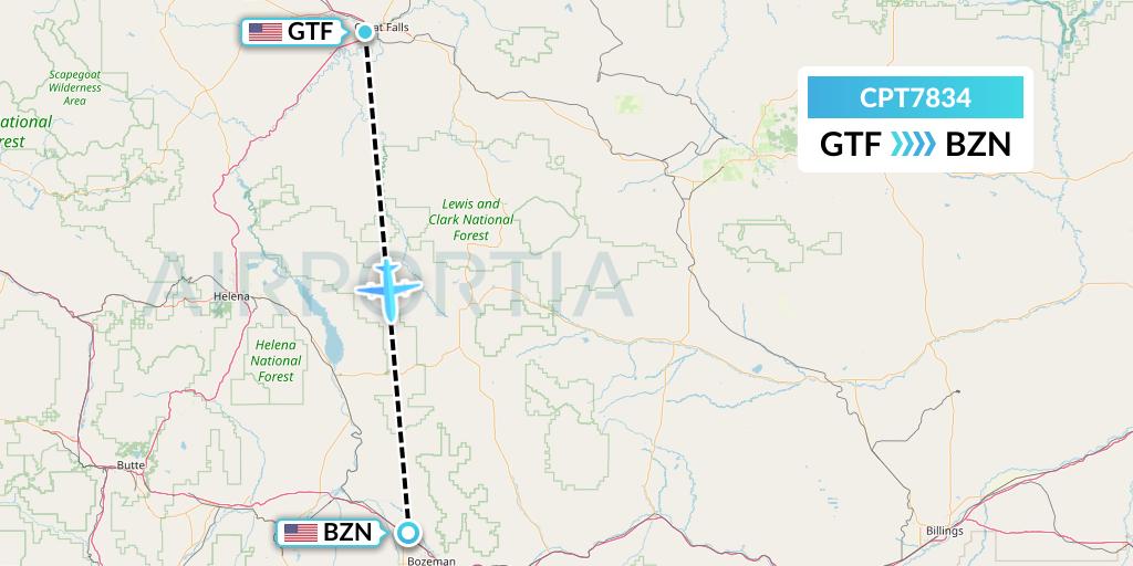 CPT7834 Corporate Air Flight Map: Great Falls to Bozeman