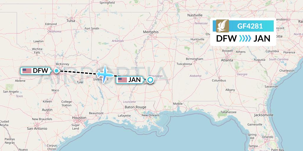 GF4281 Gulf Air Flight Map: Dallas to Jackson