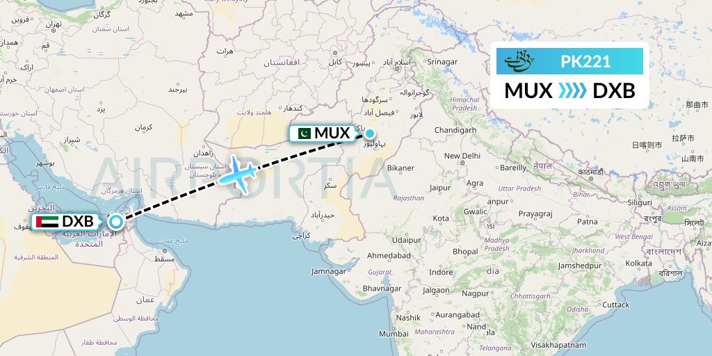 PK221 Pakistan International Airlines Flight Map: Multan to Dubai