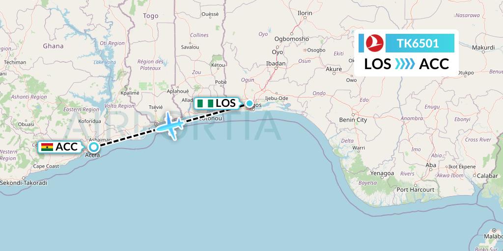 TK6501 Turkish Airlines Flight Map: Lagos to Accra