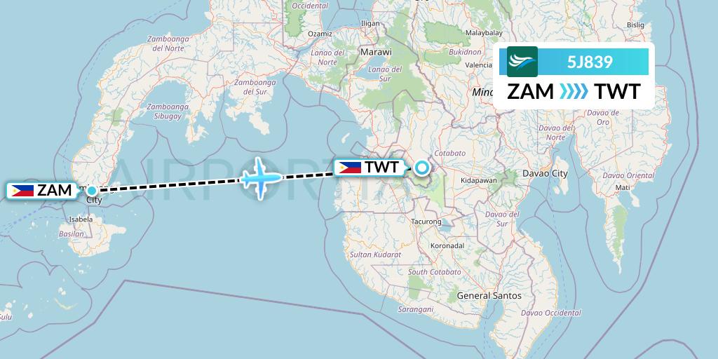 5J839 CEBU Pacific Air Flight Map: Zamboanga to Tawitawi