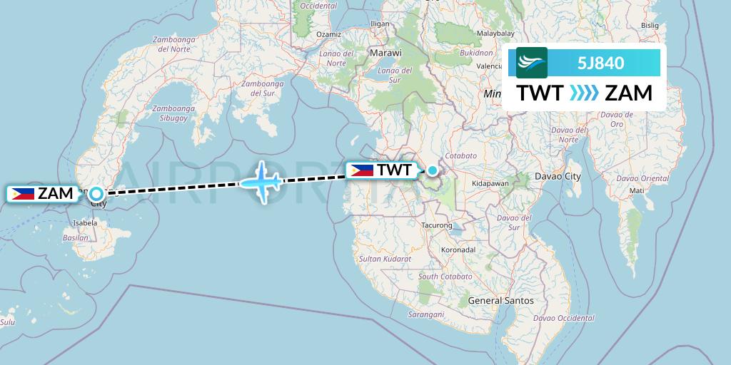5J840 CEBU Pacific Air Flight Map: Tawitawi to Zamboanga
