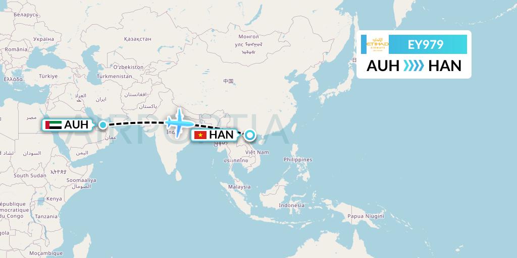 EY979 Etihad Airways Flight Map: Abu Dhabi to Hanoi