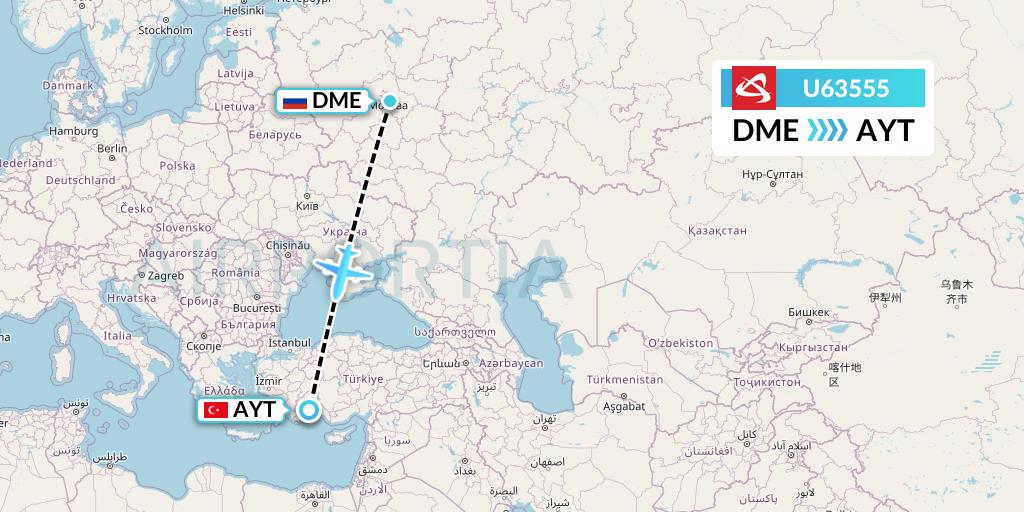 U63555 Ural Airlines Flight Map: Moscow to Antalya