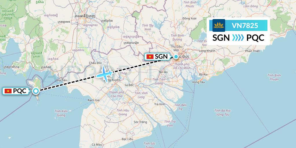 VN7825 Vietnam Airlines Flight Map: Ho Chi Minh City to Phu Quoc