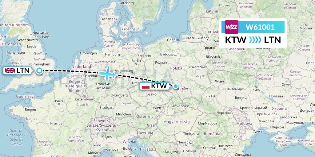 W61001 Wizz Air Flight Map: Katowice to London