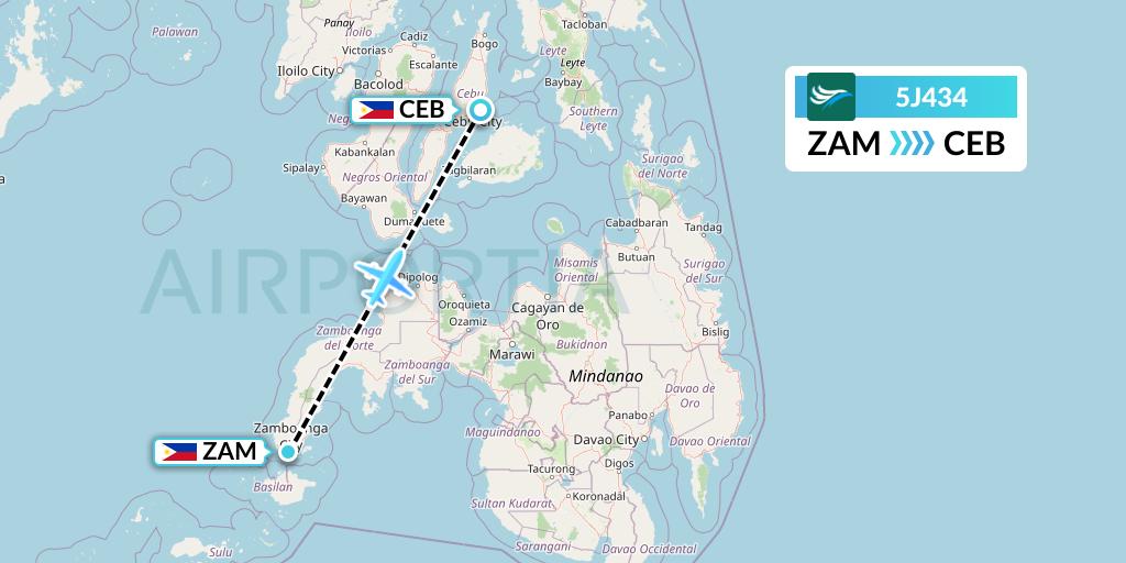 5J434 CEBU Pacific Air Flight Map: Zamboanga to Cebu