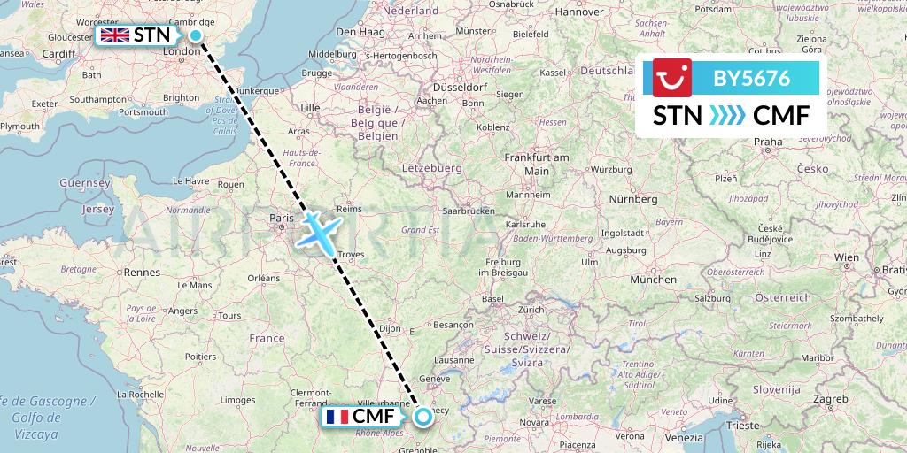 BY5676 TUI Airways Flight Map: London to Chambery