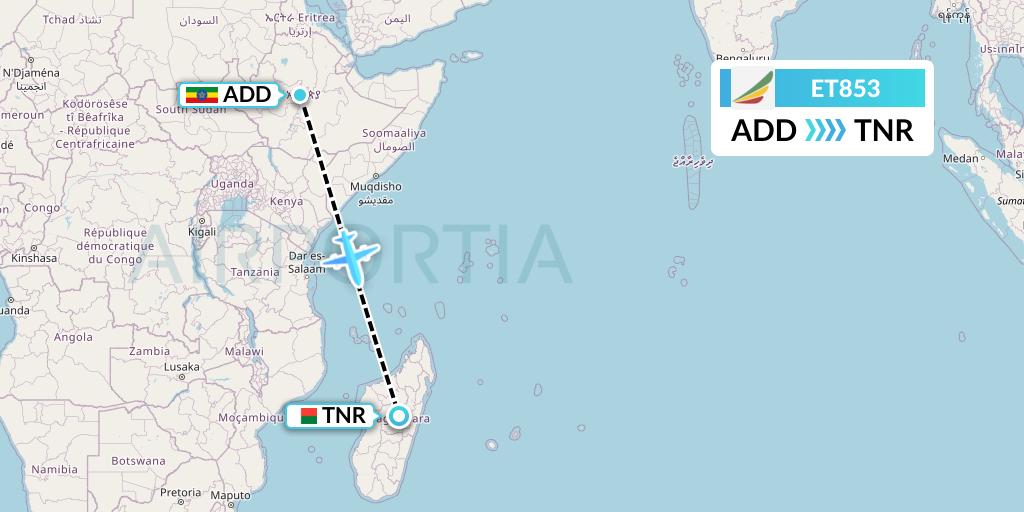 ET853 Ethiopian Airlines Flight Map: Addis Ababa to Antananarivo