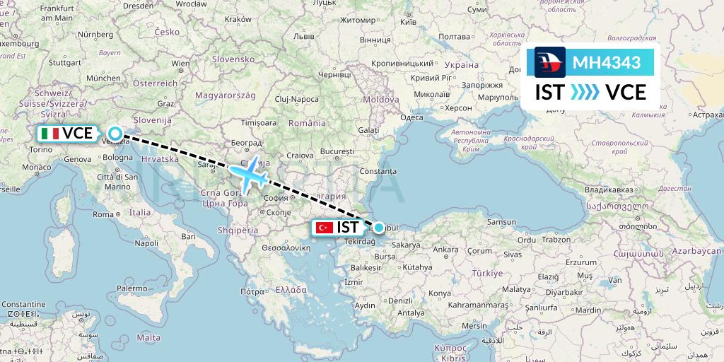 MH4343 Malaysia Airlines Flight Map: Istanbul to Venice