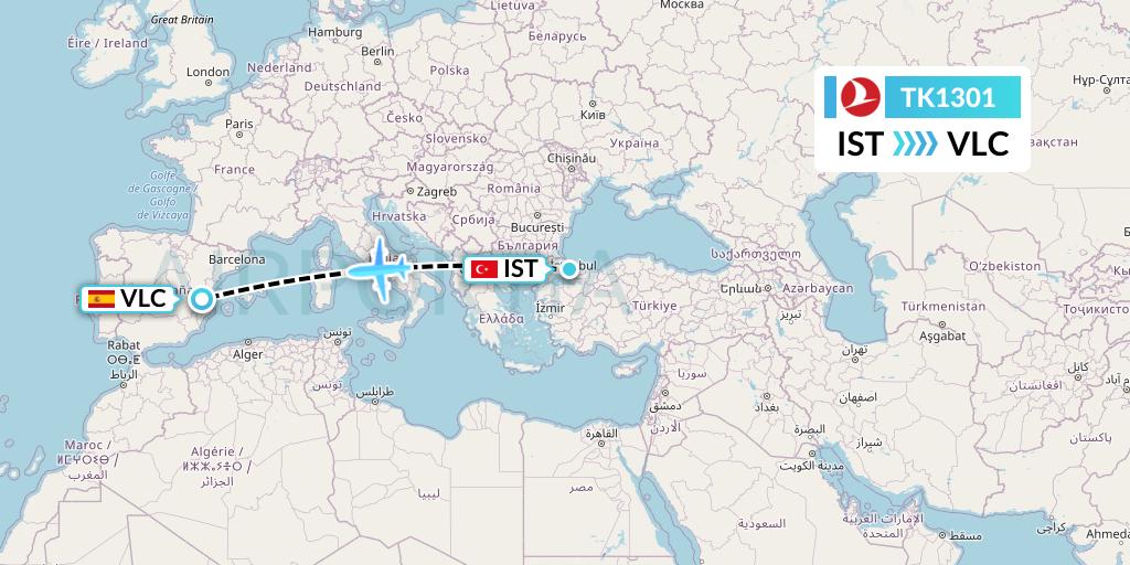 TK1301 Turkish Airlines Flight Map: Istanbul to Valencia