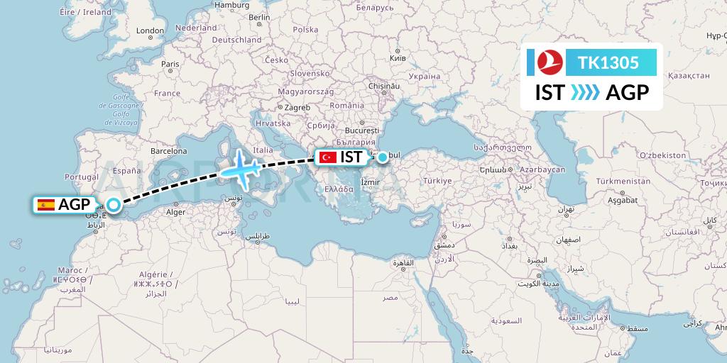 TK1305 Turkish Airlines Flight Map: Istanbul to Malaga