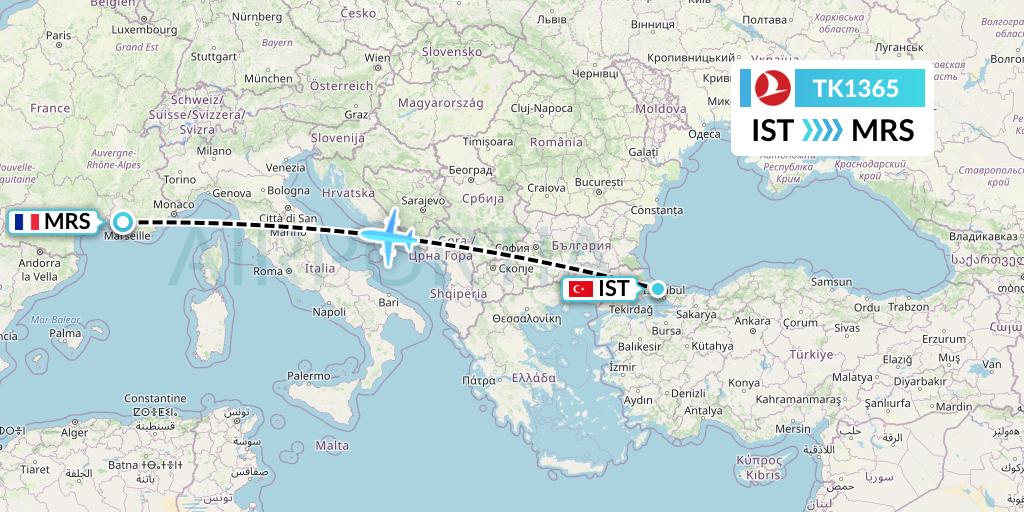 TK1365 Turkish Airlines Flight Map: Istanbul to Marseille