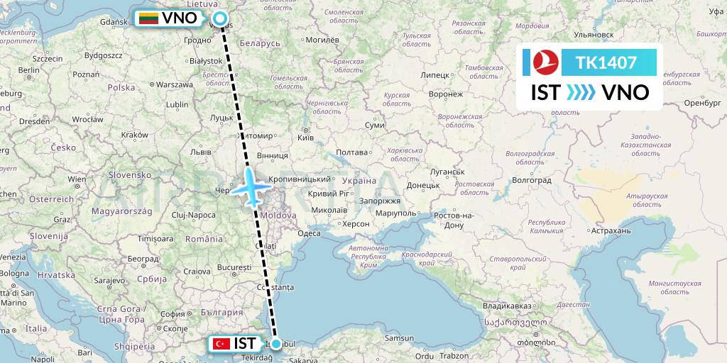 TK1407 Turkish Airlines Flight Map: Istanbul to Vilnius