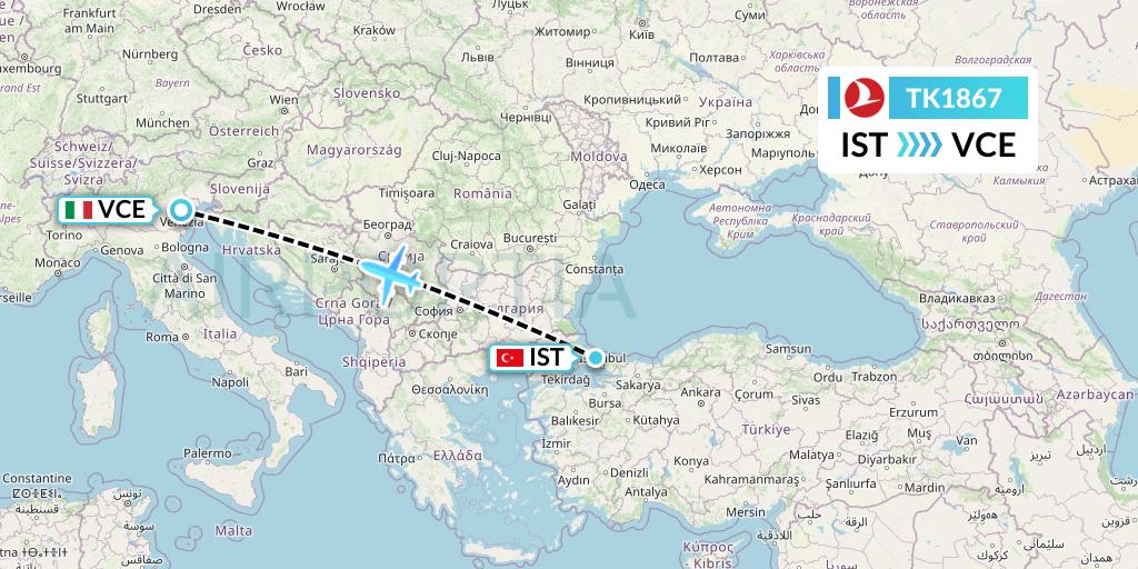 TK1867 Turkish Airlines Flight Map: Istanbul to Venice