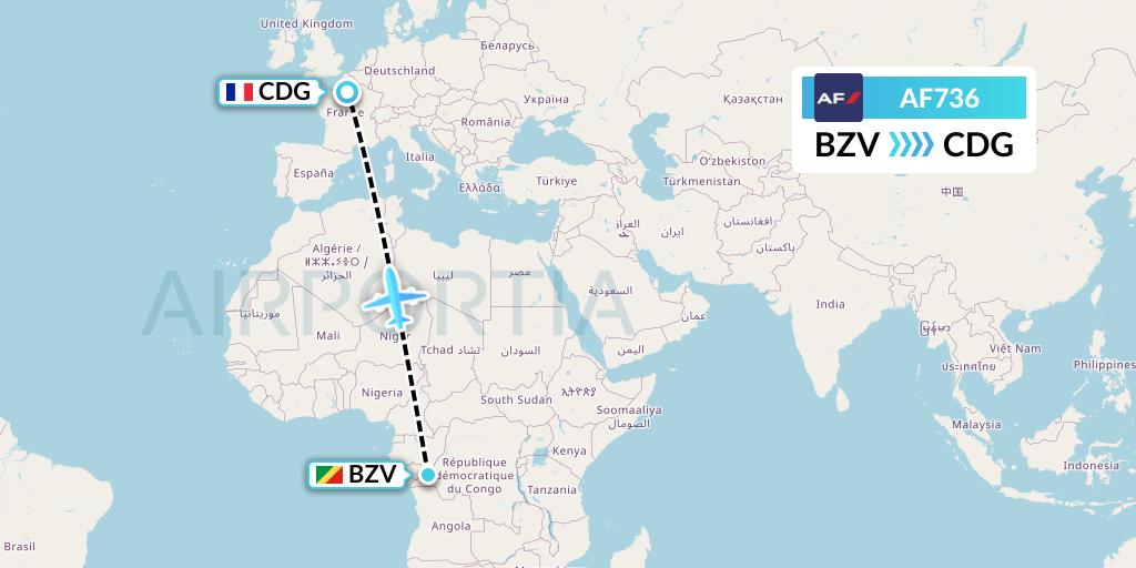 AF736 Air France Flight Map: Brazzaville to Paris