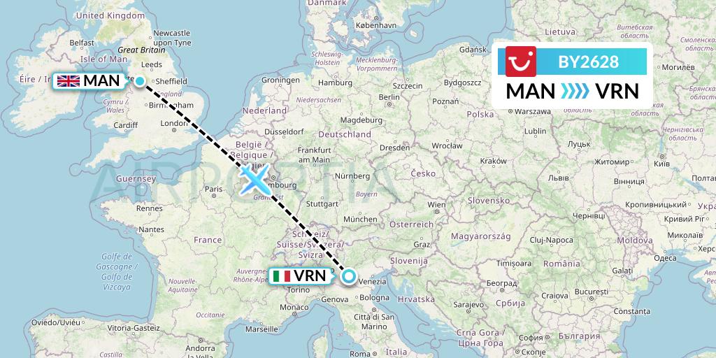BY2628 TUI Airways Flight Map: Manchester to Verona