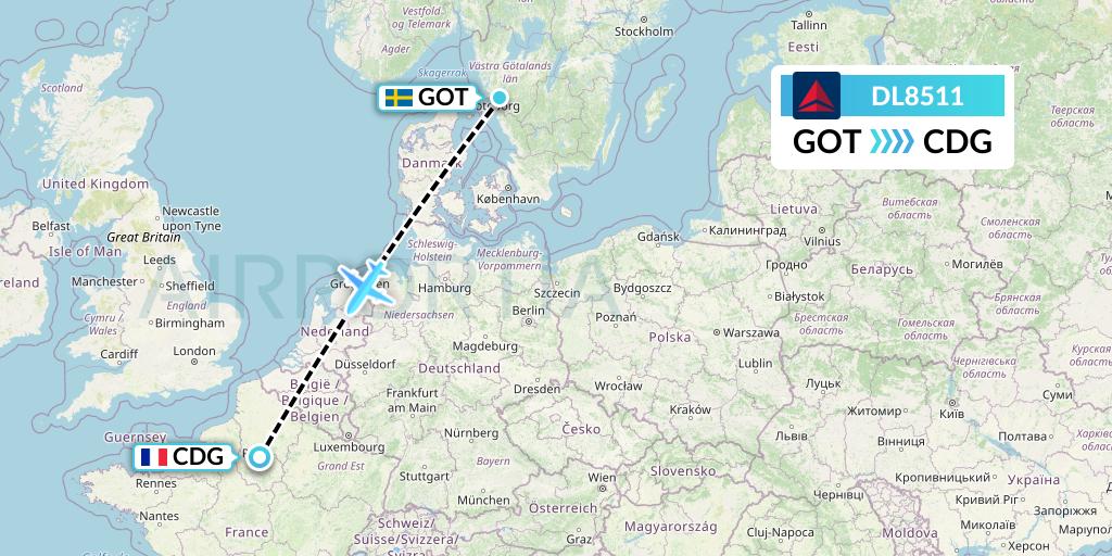 DL8511 Delta Air Lines Flight Map: Gothenburg to Paris