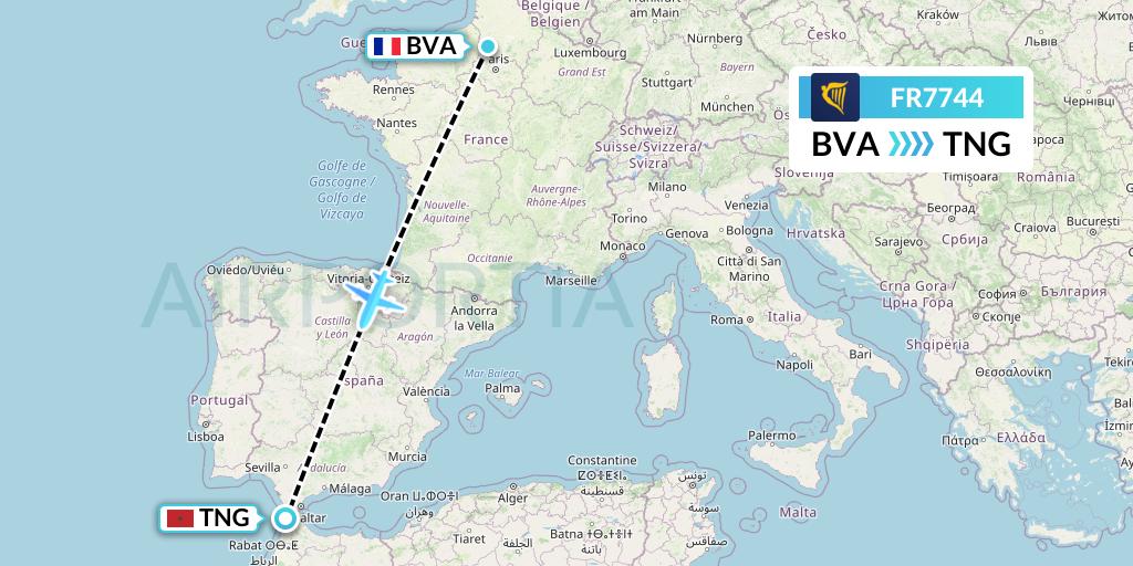 FR7744 Ryanair Flight Map: Paris to Tangier