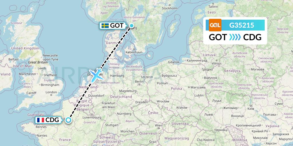 G35215 GOL Transportes Aeros Flight Map: Gothenburg to Paris