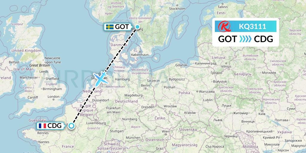 KQ3111 Kenya Airways Flight Map: Gothenburg to Paris
