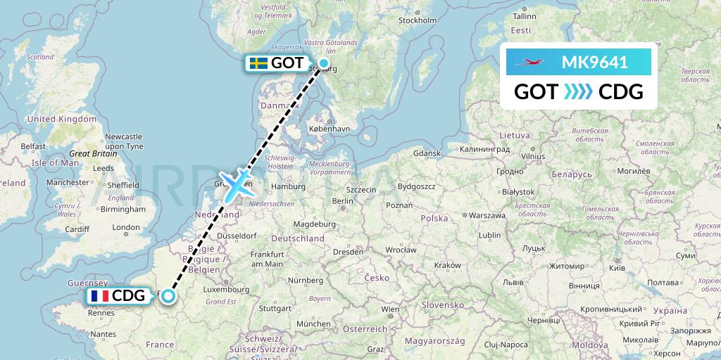 MK9641 Air Mauritius Flight Map: Gothenburg to Paris
