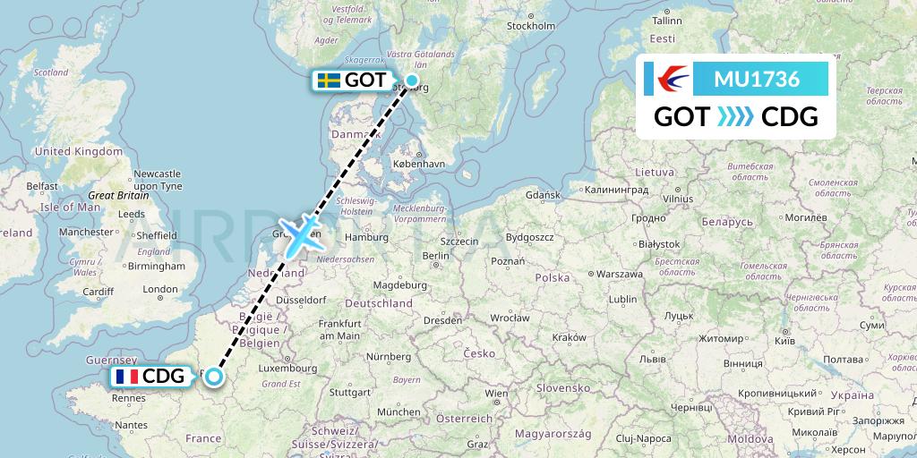 MU1736 China Eastern Airlines Flight Map: Gothenburg to Paris
